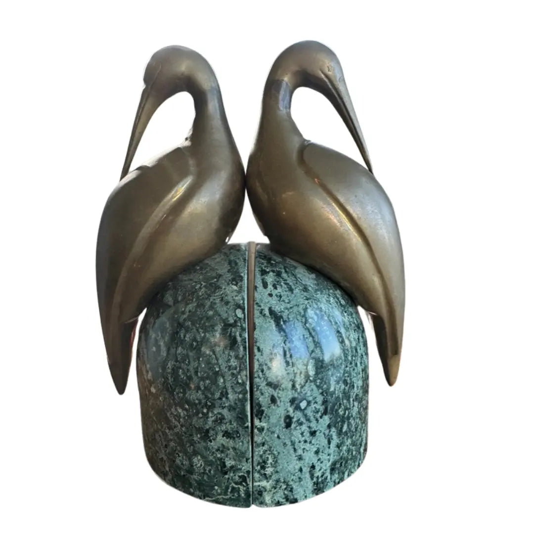Mid 20th Century Brass Egret on Solid Deep Green Marble Bookends - Handpicked By Heidi