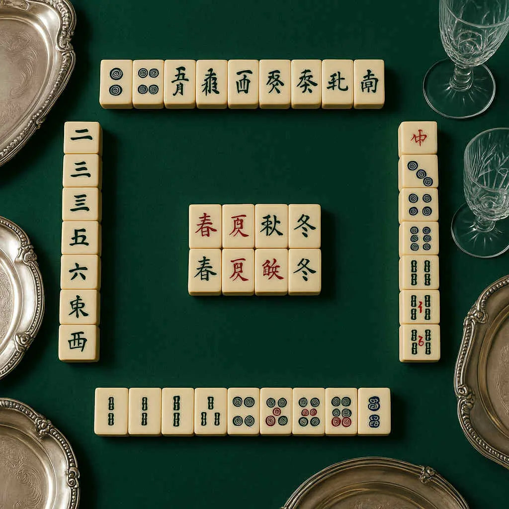 Mahjong tiles arranged on a green surface with decorative items around