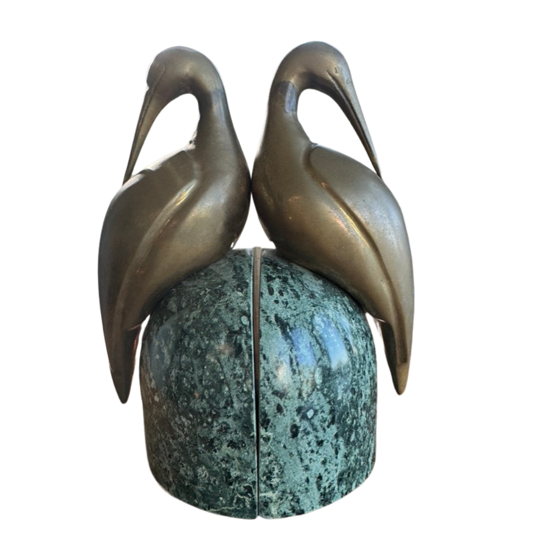 Mid 20th Century Brass Egret on Solid Deep Green Marble Bookends - Handpicked By Heidi