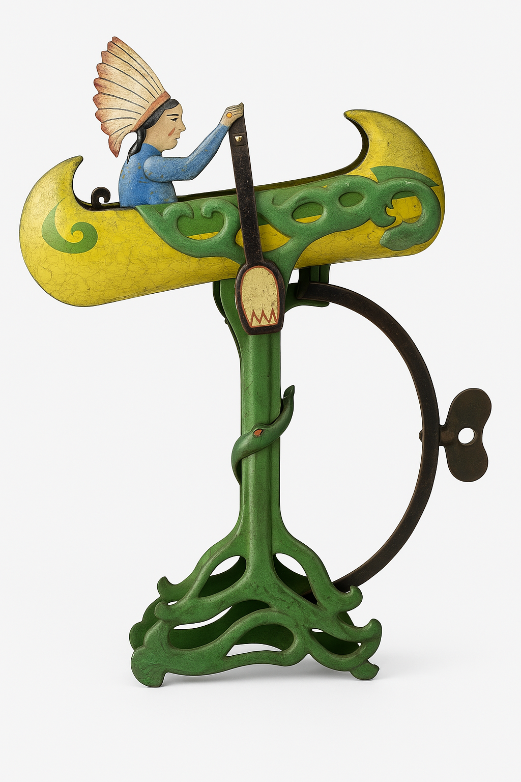 Vintage Indigenous Chief Canoe Rider on Sculptural Art Nouveau Base